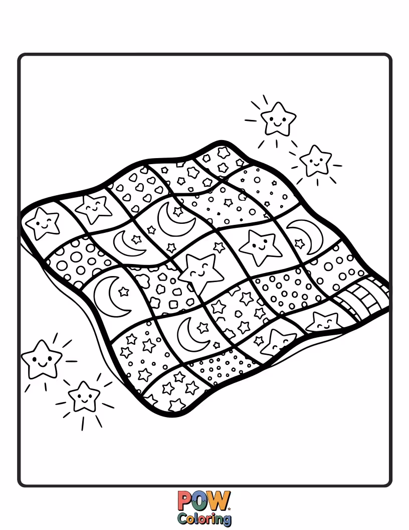 Free coloring page of Stars and a smiling moon scattered across a serene blanket, just like the lullaby.