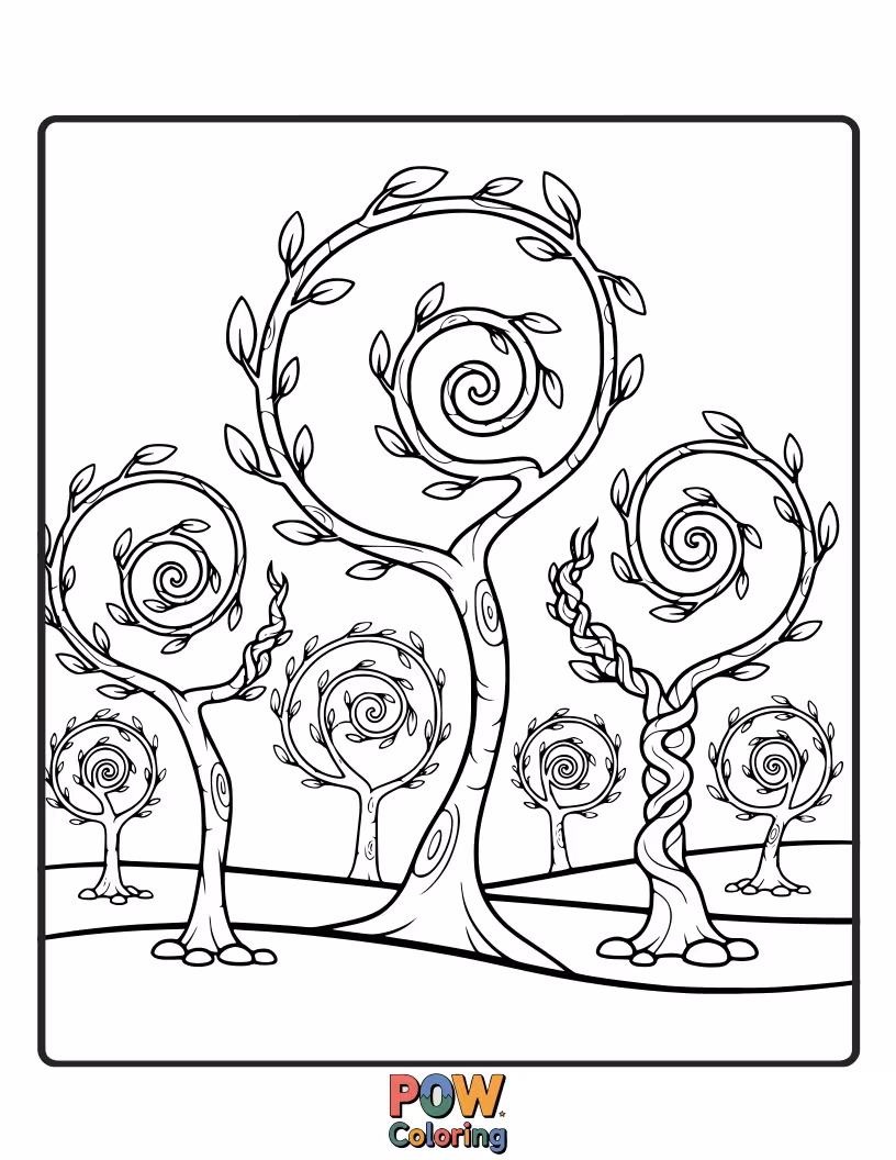 Free coloring page of Delightful trees made entirely of playfully swirling twigs, creating intricate and light patterns.