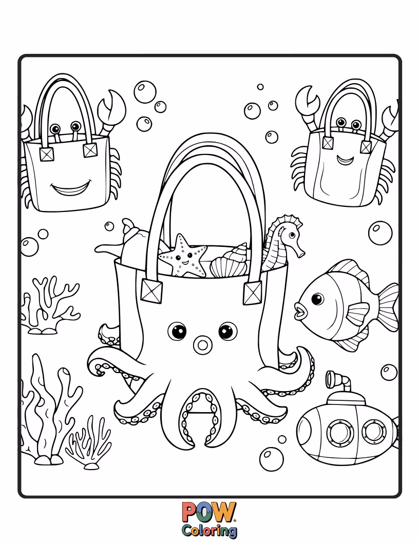 Free coloring page of Charming bags inspired by the ocean, featuring friendly fish, playful dolphins, and swirling seashells for a watery wonder.