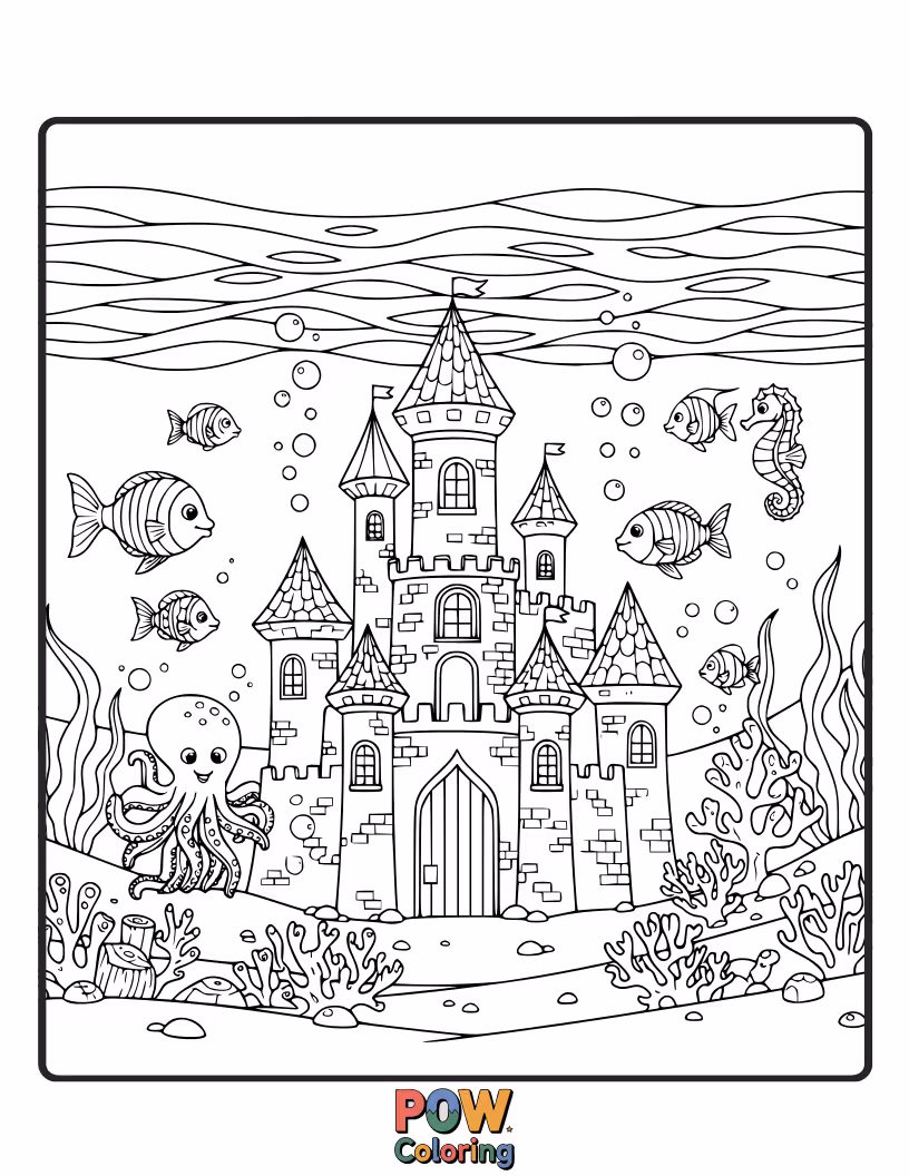 Free coloring page of A whimsical castle with seaweed turrets sits at the bottom of the ocean, where colorful fish are swimming around.