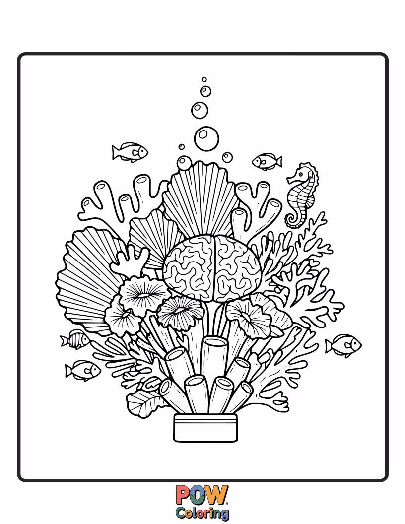 Free coloring page of Oceanic wonders bloom! This bouquet features vibrant coral, seashells, and playful sea creatures.