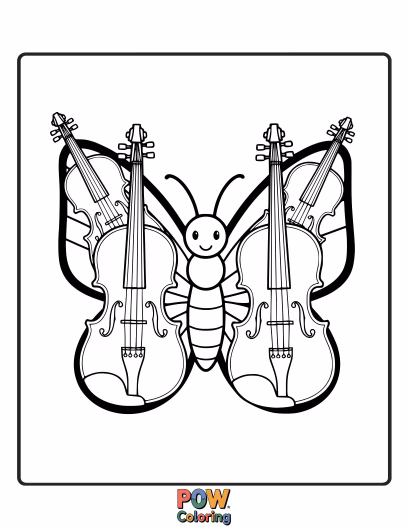Free coloring page of A violin's body transforms into delicate butterfly wings, fluttering through a colorful sky.