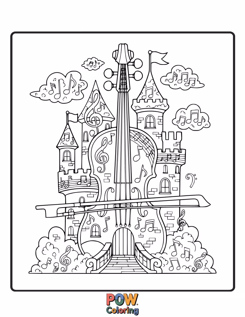 Free coloring page of A grand castle's architecture incorporates musical notes and a prominent, decorative violin.
