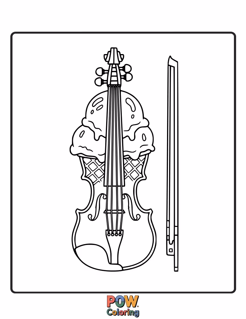 Free coloring page of A violin with a cherry on top looks like a delicious ice cream cone.