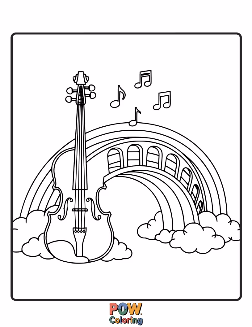 Free coloring page of A magical rainbow forms a musical bridge leading to a violin nestled among fluffy clouds.