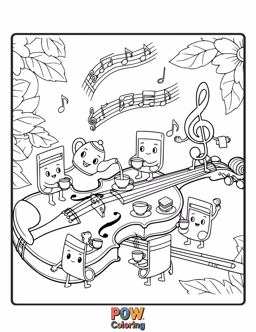 Free coloring page of A charming violin sits at a tiny table, enjoying a delightful tea party with teacups.