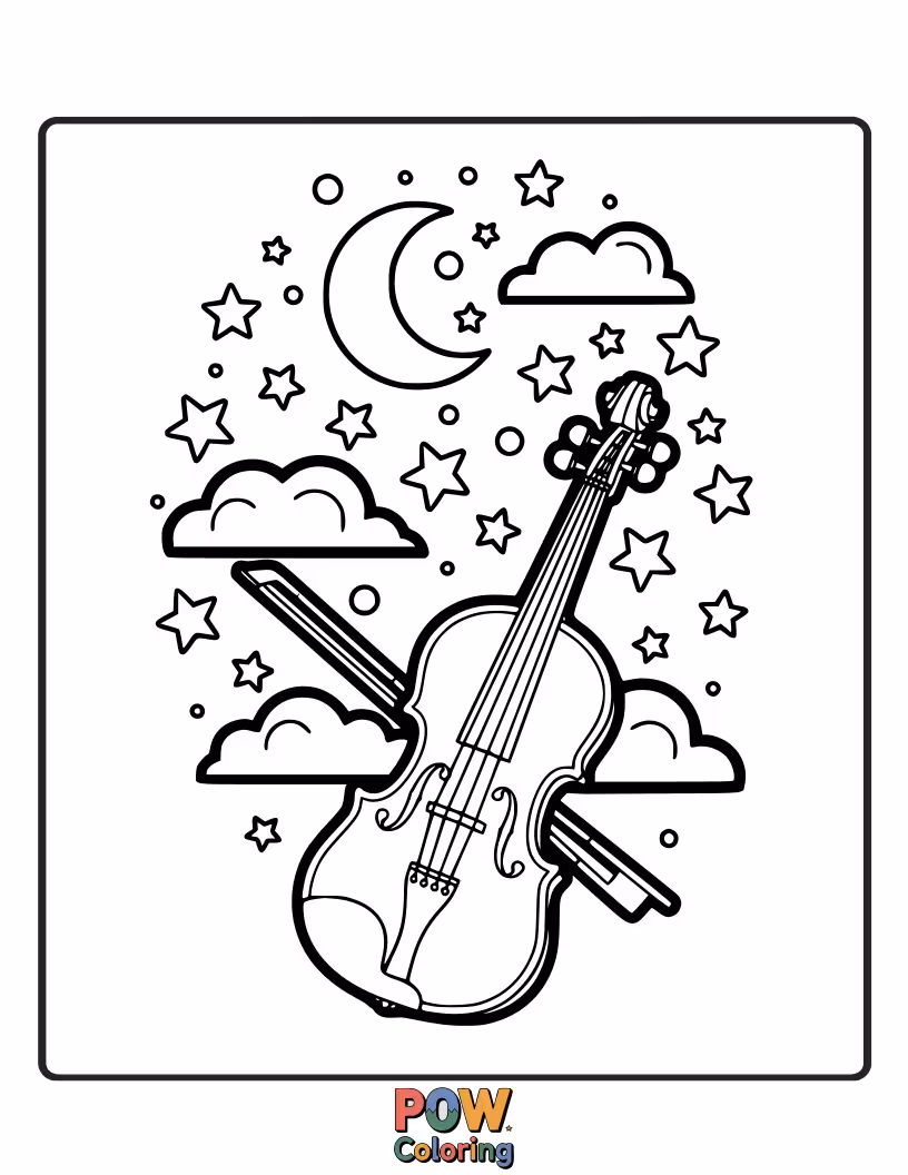 Free coloring page of A solitary violin rests in a meadow under a sky filled with twinkling stars and a moon.
