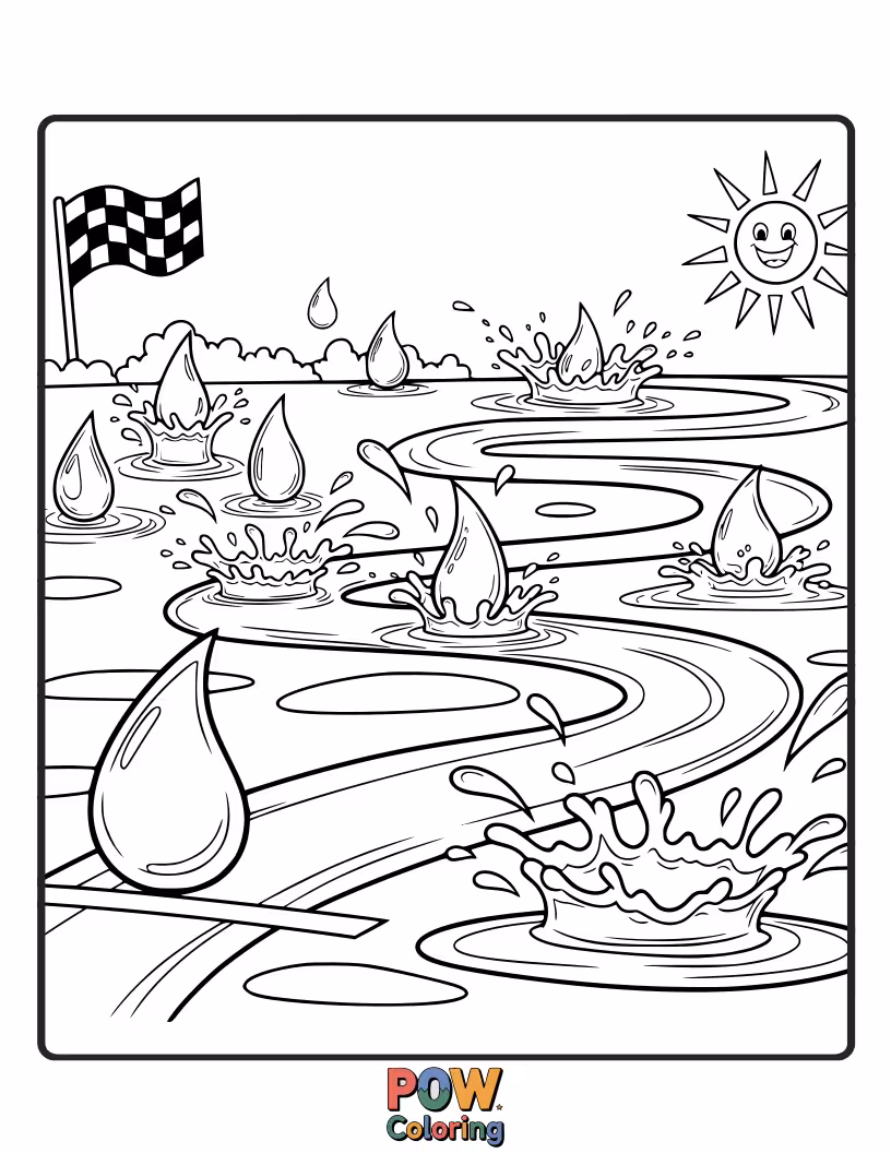 Free coloring page of Sparkling water droplets are leaping and splashing in a fast-paced race down a leaf.