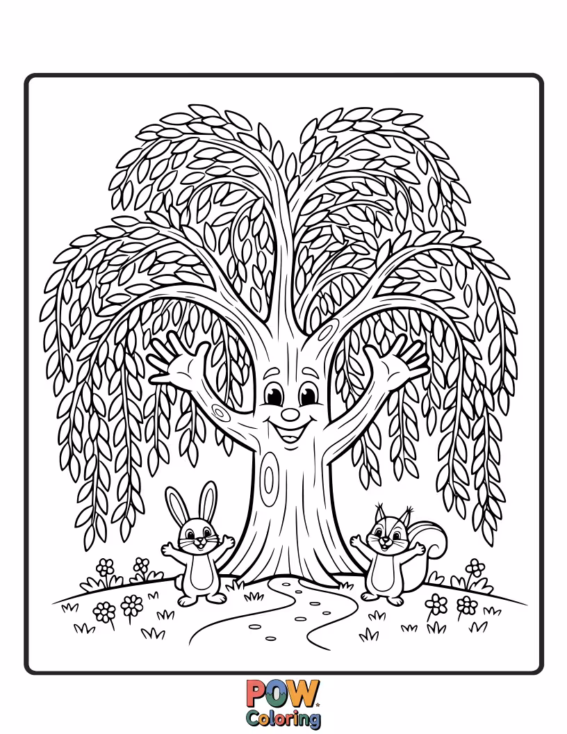 Free coloring page of A friendly willow tree, its branches gracefully waving a warm greeting to all who pass by.