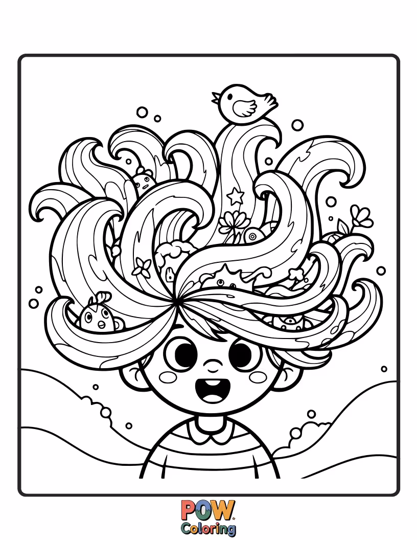 Free coloring page of A cute girl with flowing wavy hair that hides a tiny, smiling cloud.