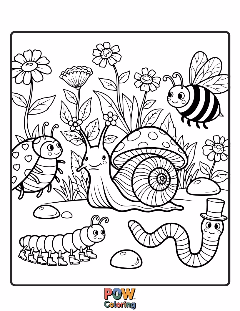 Free coloring page of Little ladybugs, busy bees, and fluffy bunnies exploring a garden filled with oversized flowers and tiny mushrooms.