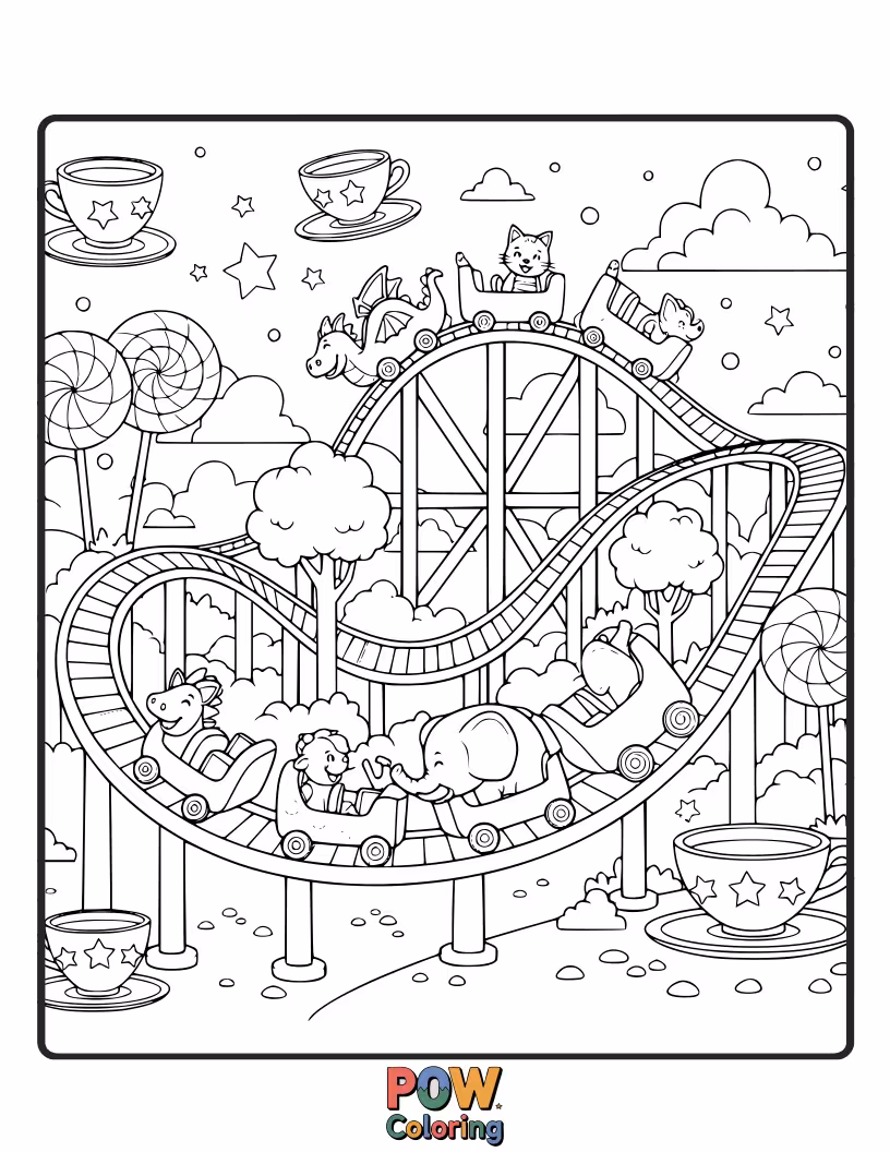 Free coloring page of A magical roller coaster winds through a candy land, with gummy bears and lollipop trees.