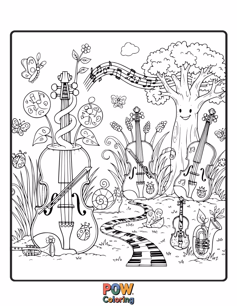 Free coloring page of A violin sprouts flowers and vines, becoming a magical part of a whimsical, musical garden.