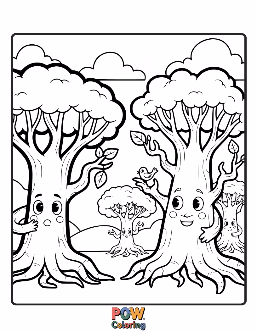 Free coloring page of These trees have tiny feet and are off on an adventure, exploring the world one leaf at a time.