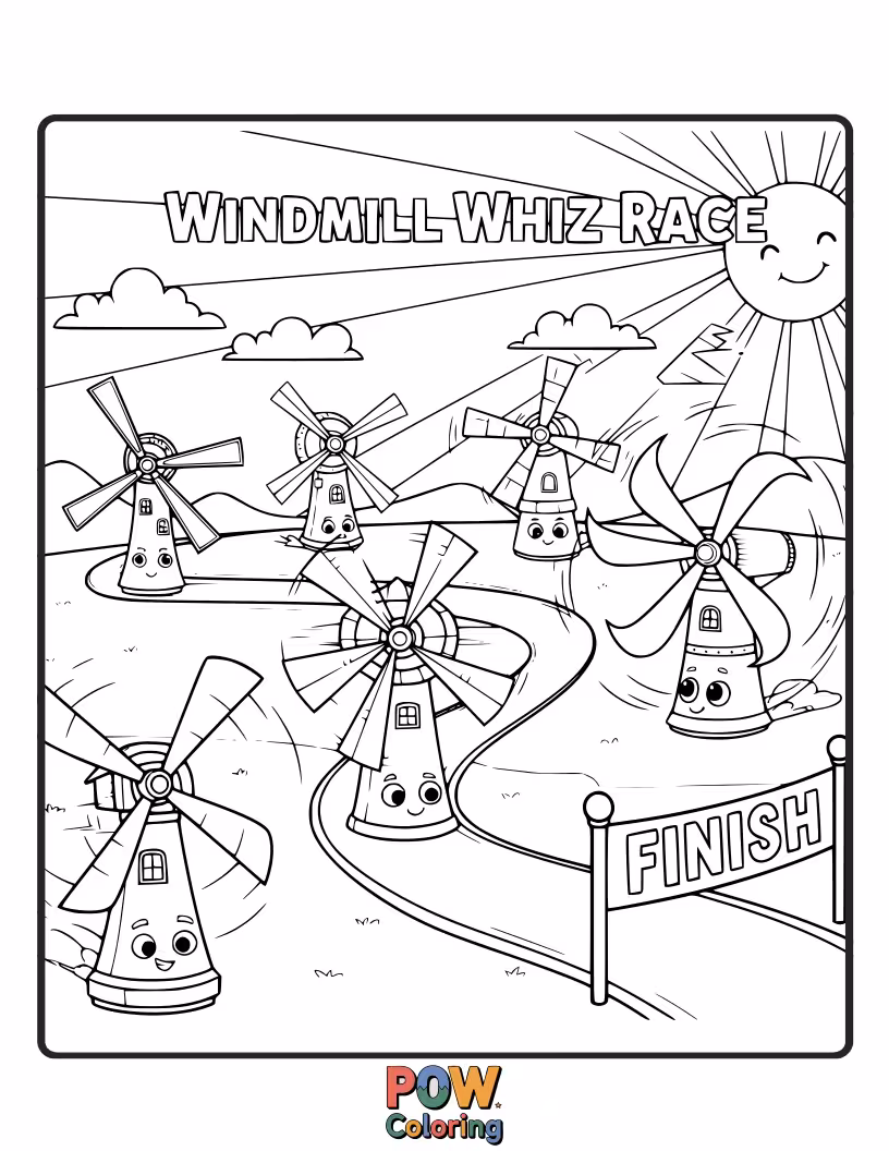 Free coloring page of Cute windmills with colorful sails are spinning and racing each other in a breezy competition.