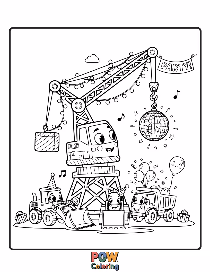 Free coloring page of A fun, slightly unsteady crane decorated with balloons at a construction party.