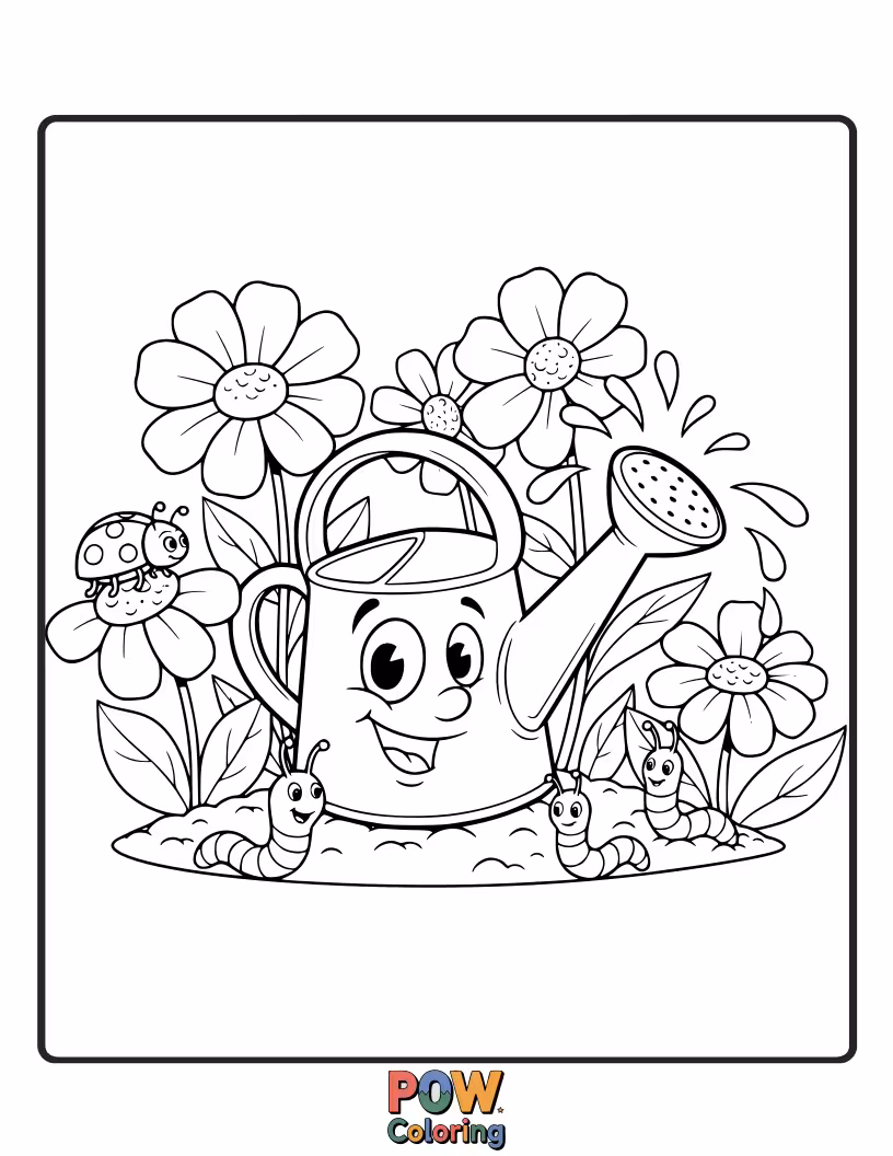 Free coloring page of A slightly tipsy watering can happily spilling colorful water onto a patch of giggling, dancing flowers.