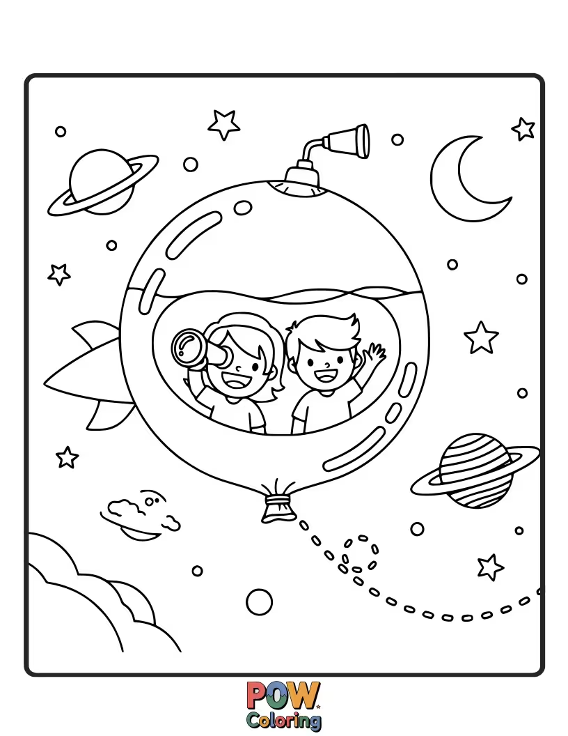 Free coloring page of A water balloon sailing through space, leaving a trail of sparkling stardust and tiny planets.