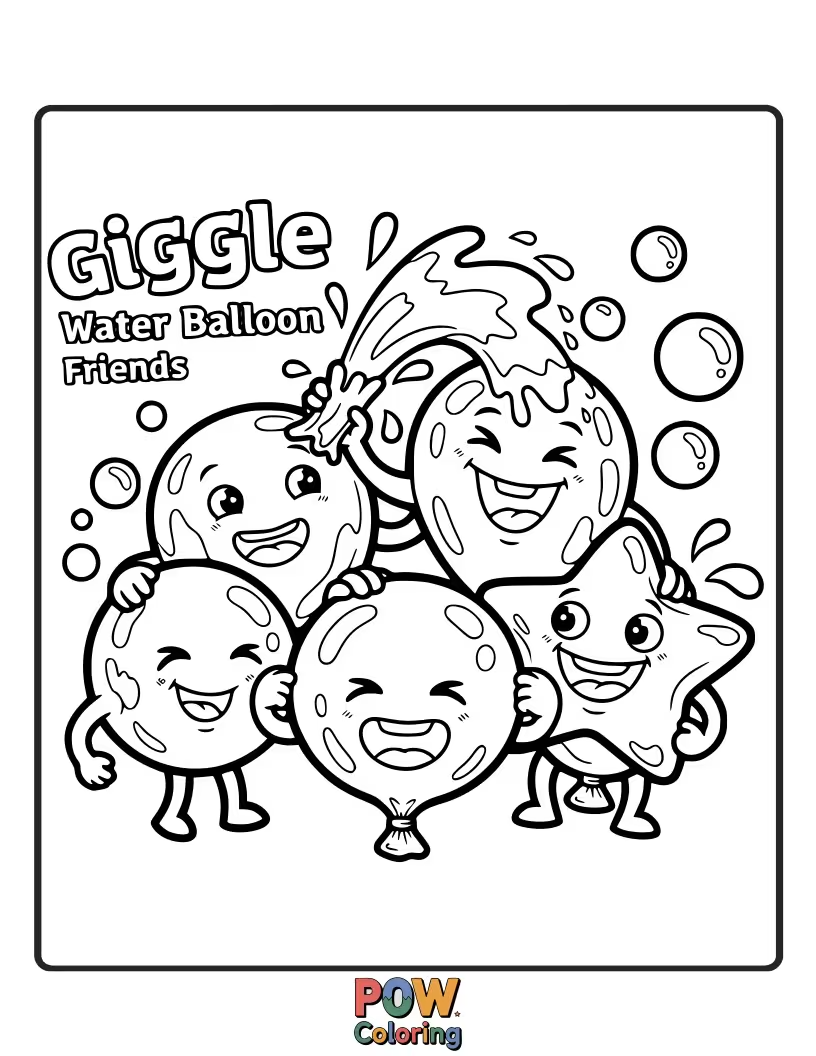 Free coloring page of Two water balloons with big smiles, playfully chasing each other with happy expressions.