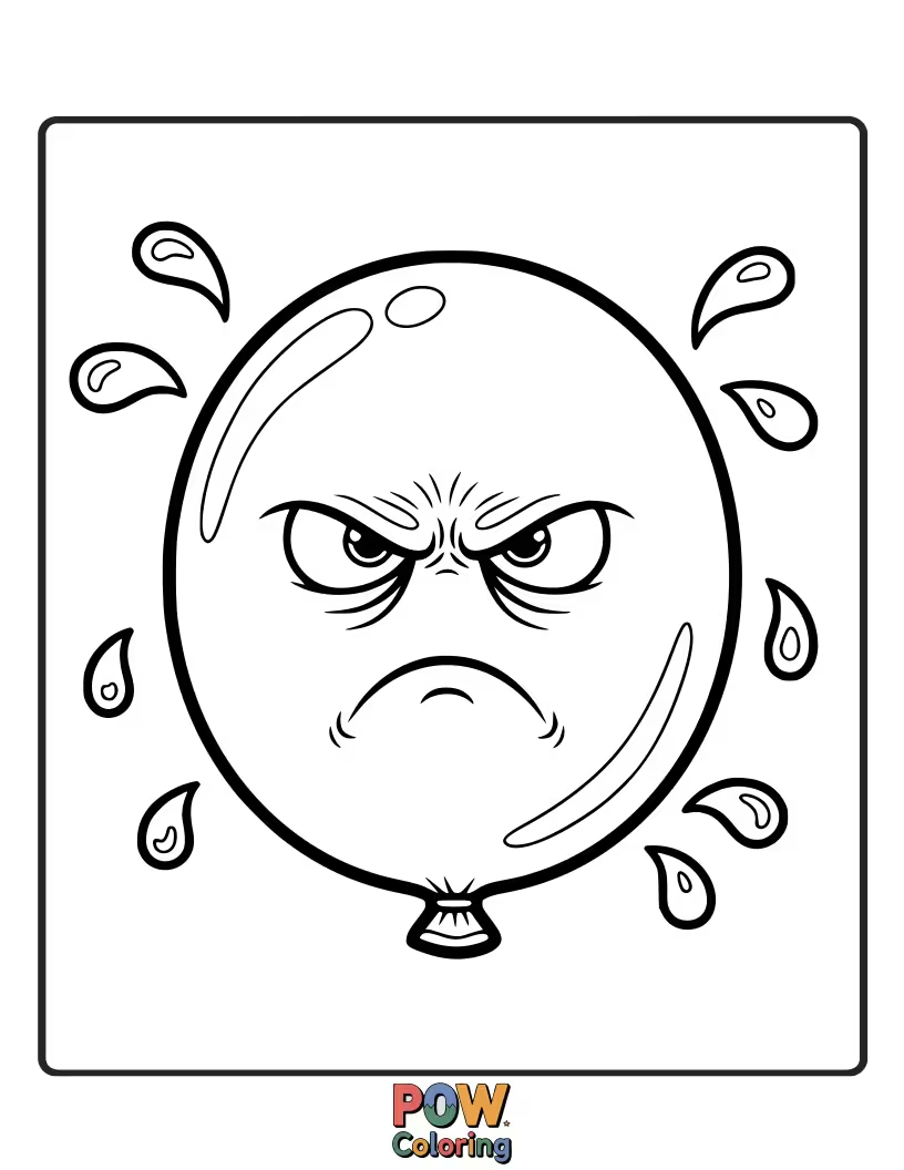 Free coloring page of A slightly deflated, grumpy-looking water balloon sitting sadly on the grass. Poor thing!