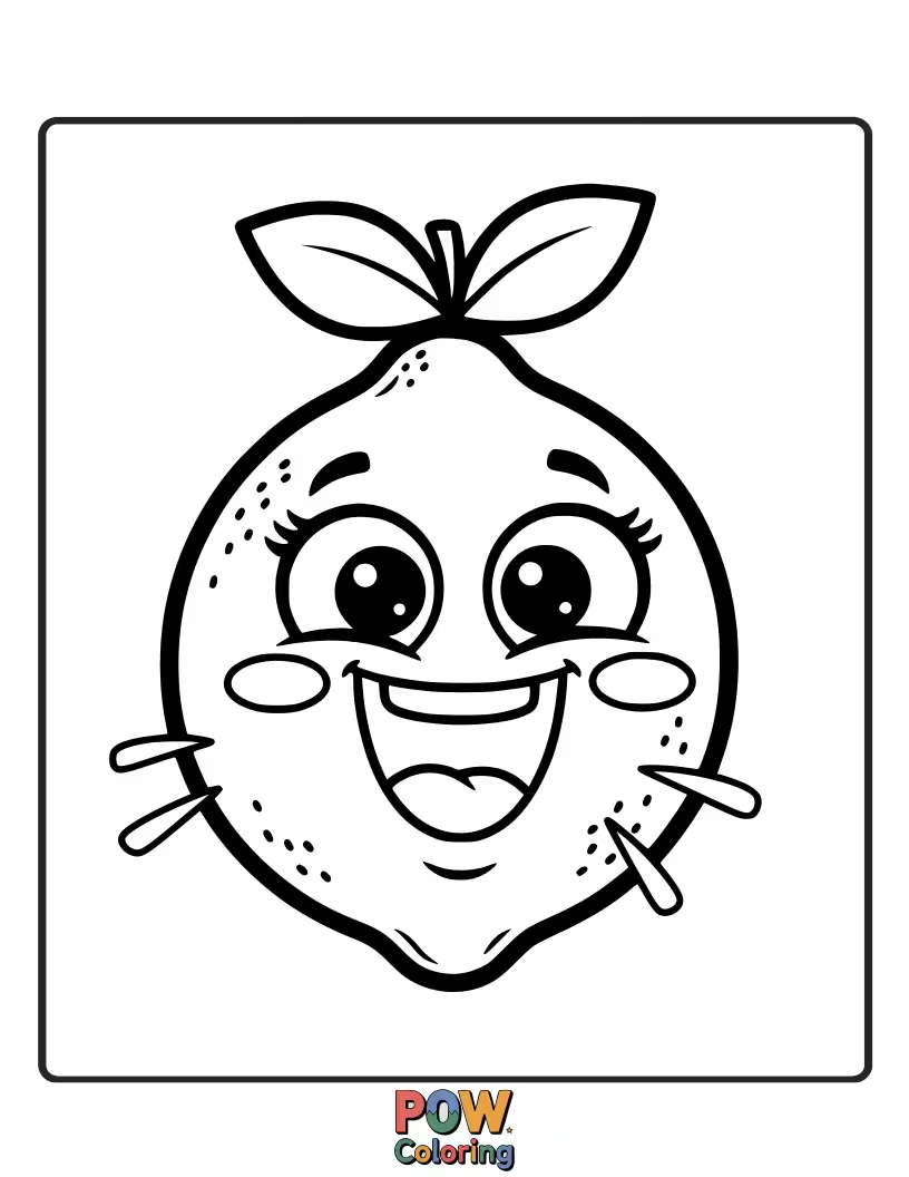 Free coloring page of A lemon with a wide, happy grin, bursting with laughter. Full of contagious joy and lightheartedness.