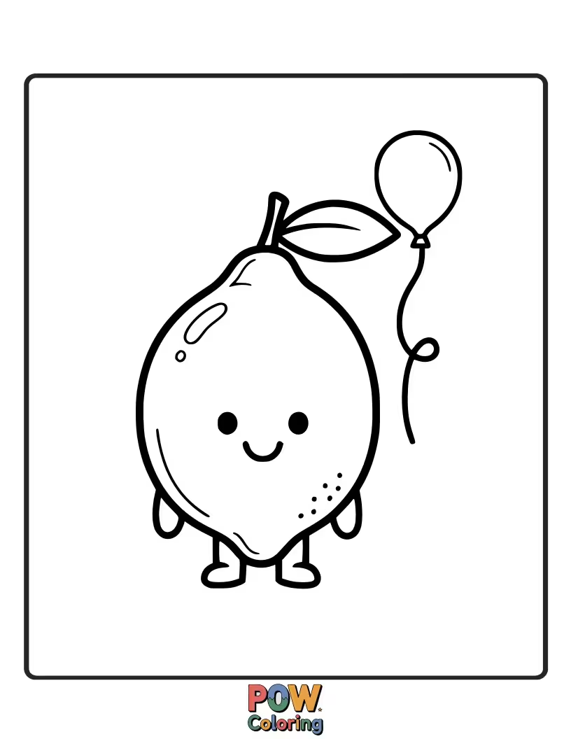 Free coloring page of A happy lemon holding onto a floating balloon. A symbol of lightness and simple pleasures.