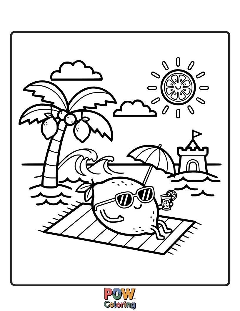 Free coloring page of A relaxed lemon wearing sunglasses and lounging on a tiny beach chair. Pure vacation vibes.