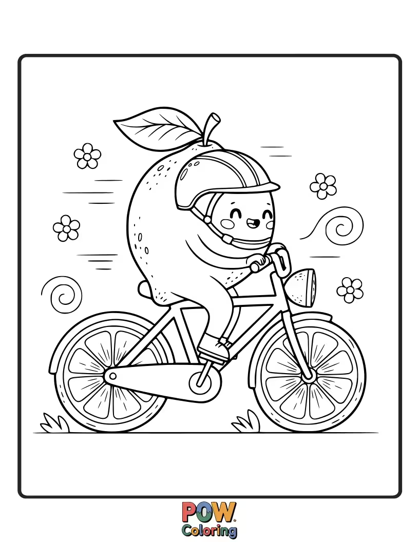 Free coloring page of A joyful lemon pedaling a whimsical bicycle through a meadow. A scene of pure, unadulterated fun.
