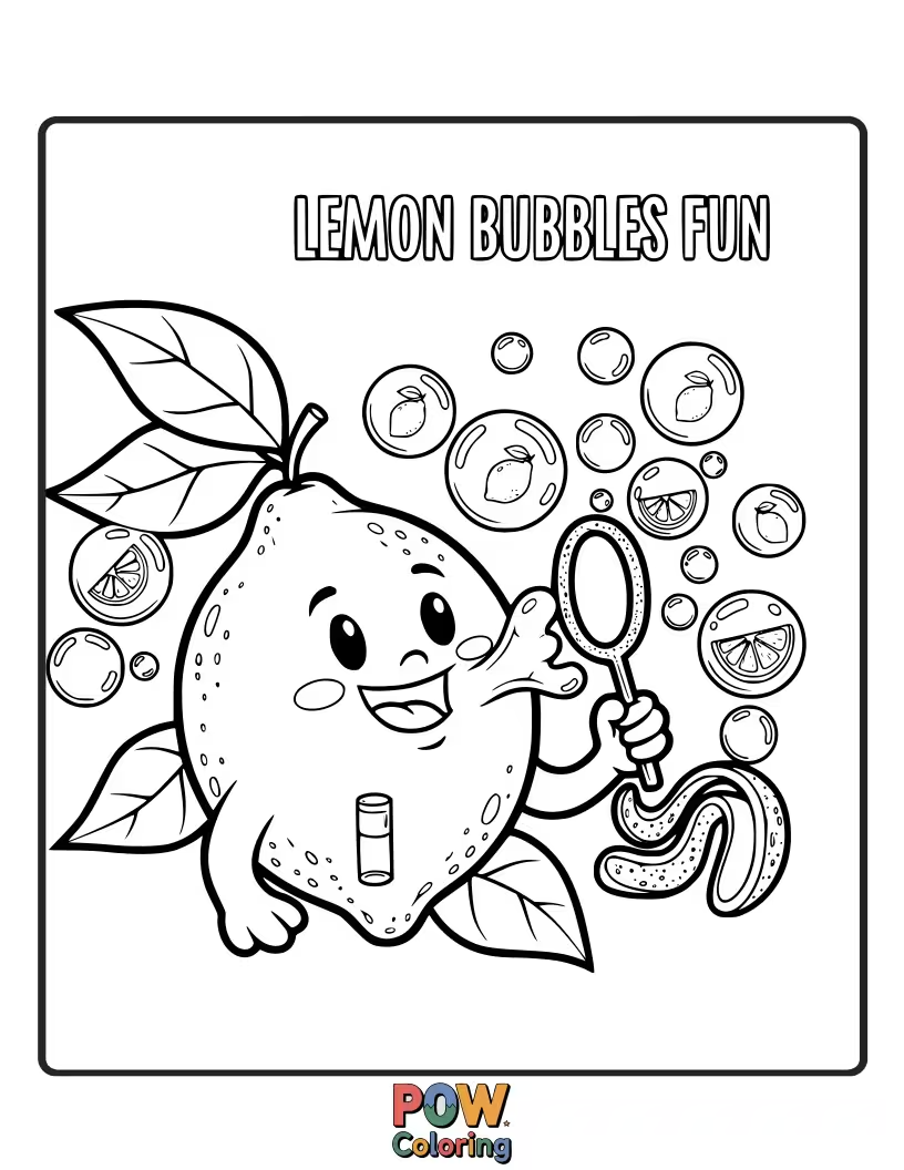 Free coloring page of A playful lemon blowing a giant, iridescent bubble. A moment of simple, delightful joy.