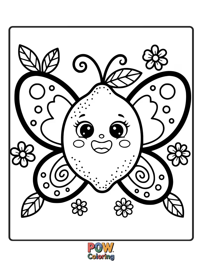 Free coloring page of A friendly lemon with a delicate butterfly perched on its stem. A harmonious and beautiful nature scene.