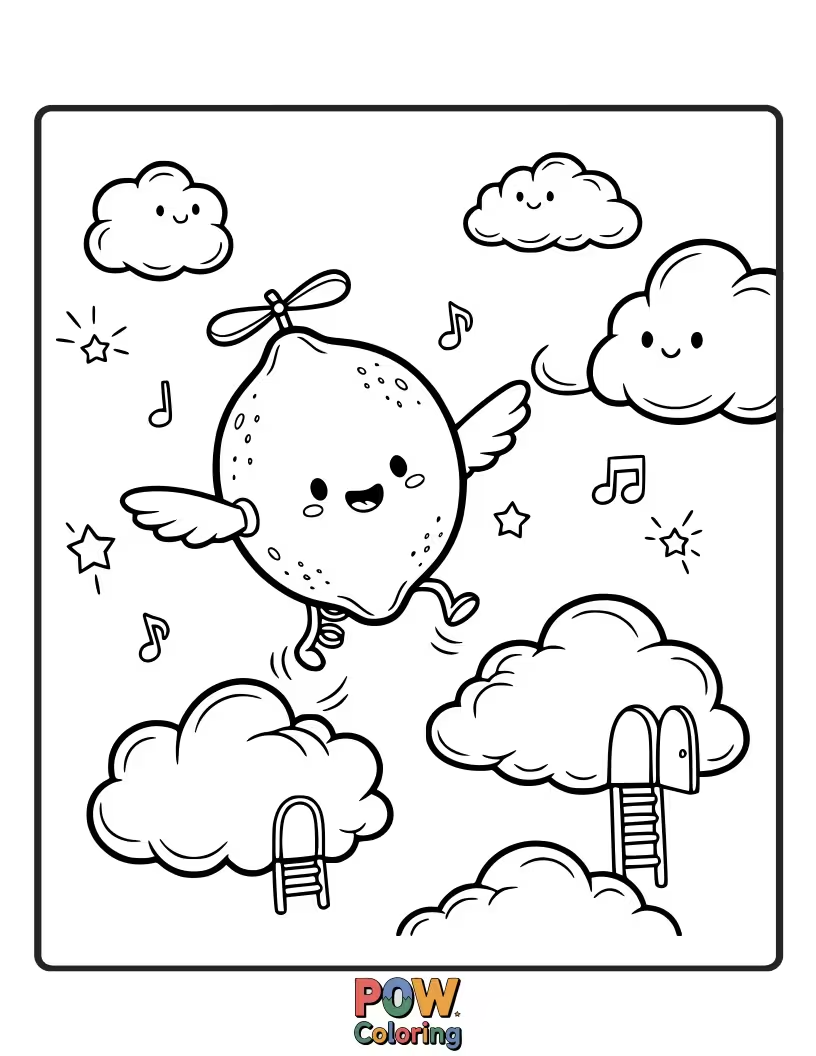 Free coloring page of A happy lemon bouncing from cloud to cloud, full of energy. A fun and imaginative jumping adventure.