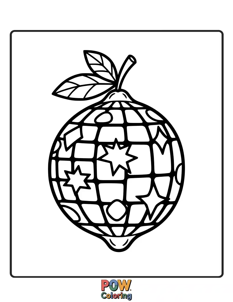 Free coloring page of A groovy lemon with sunglasses, dancing under a shimmering disco ball. Fun and energetic, with a retro vibe.