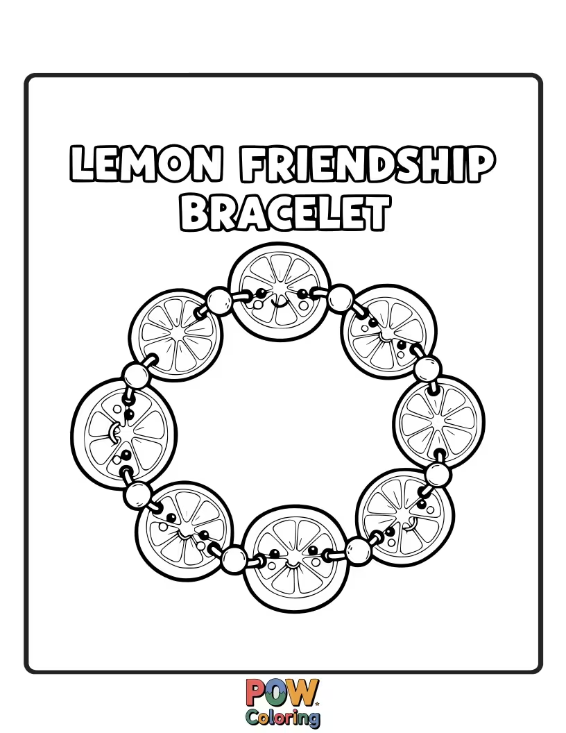 Free coloring page of Two lemons sharing a cute, handmade friendship bracelet. Emphasizes connection and sweet bonds.