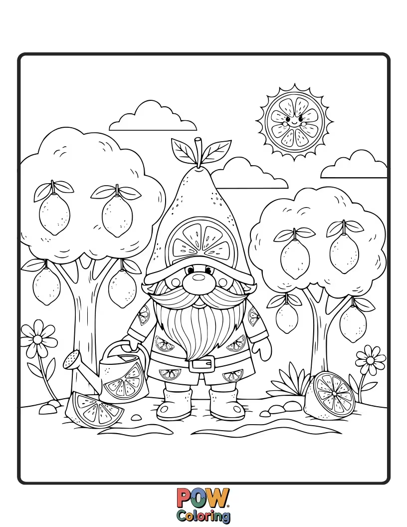 Free coloring page of A quirky lemon dressed as a tiny garden gnome, holding a miniature spade. Whimsical and playful.