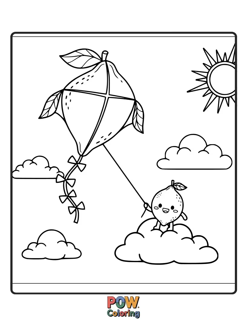 Free coloring page of A joyful lemon playfully flying a colorful kite in the breeze. Captures the freedom of a sunny day.
