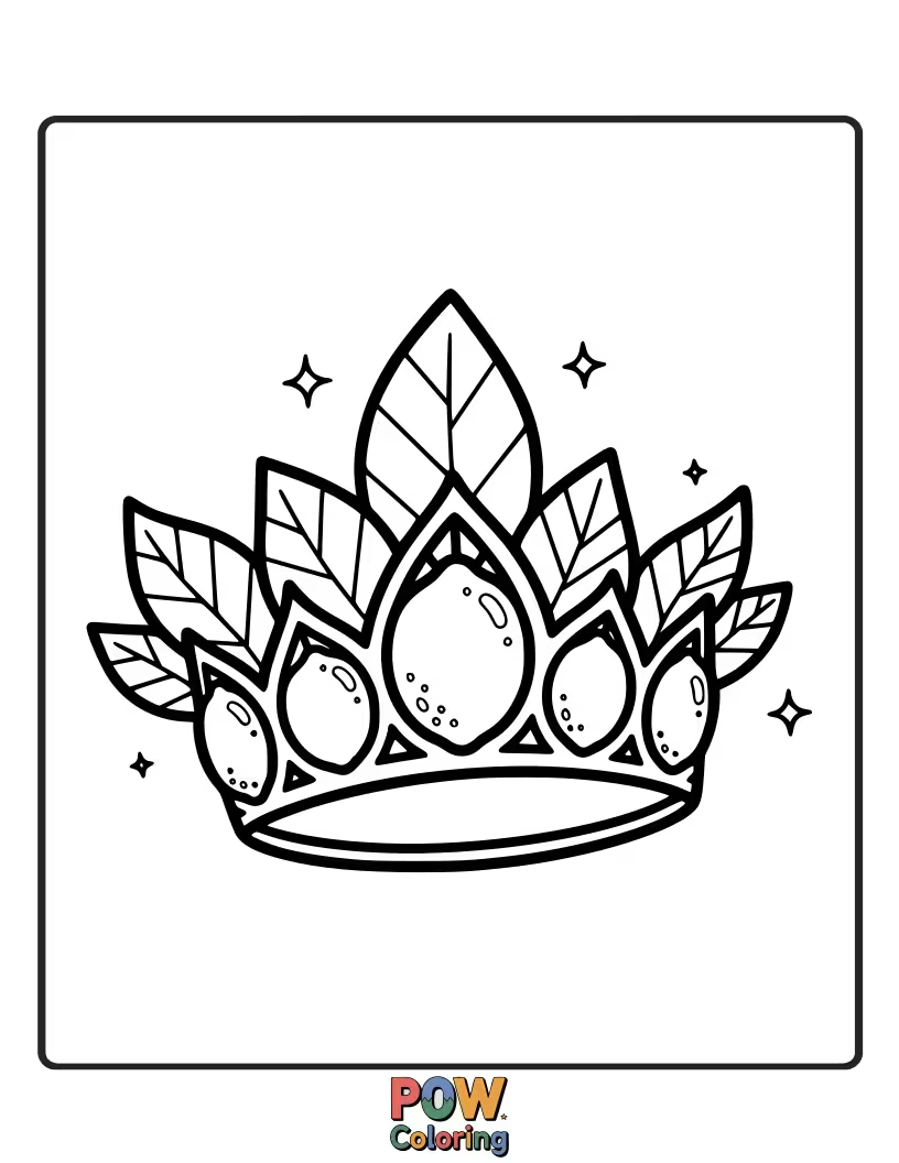 Free coloring page of A regal lemon adorned with a delicate crown of green leaves. Embodies simple elegance and natural beauty.
