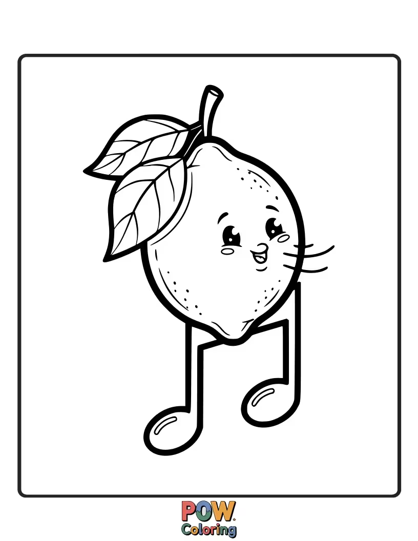 Free coloring page of A lively lemon dancing to the rhythm of a musical note. A celebration of sound and joy.