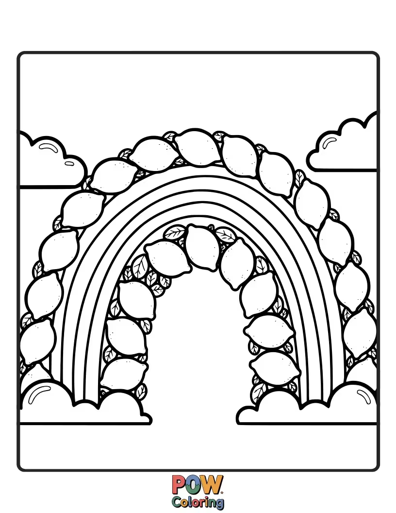 Free coloring page of A cheerful lemon standing proudly under a graceful rainbow arch. A symbol of hope and beauty.