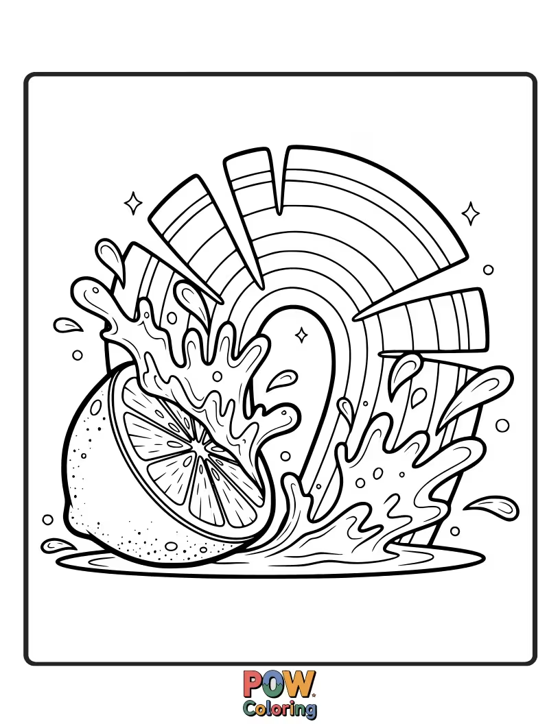 Free coloring page of A vibrant lemon artfully splattered with rainbow colors. A burst of energetic creativity and imagination.