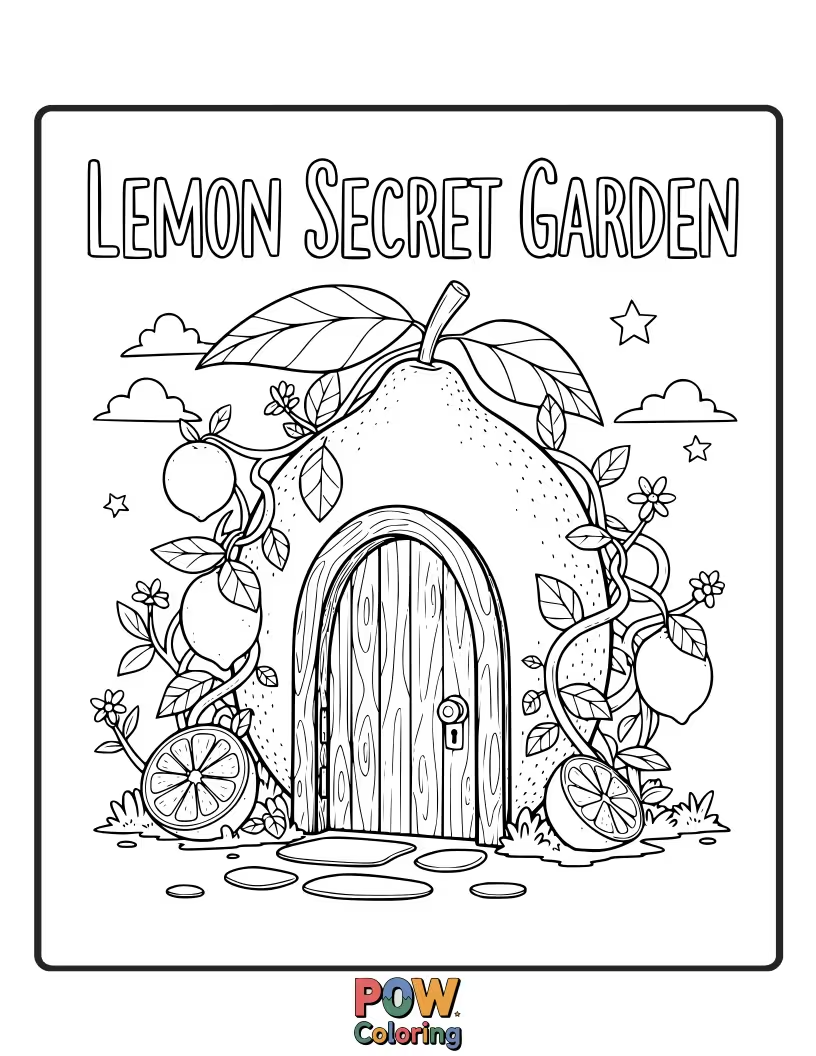 Free coloring page of A curious lemon peeking into a hidden garden filled with small flowers. Evokes a sense of discovery.