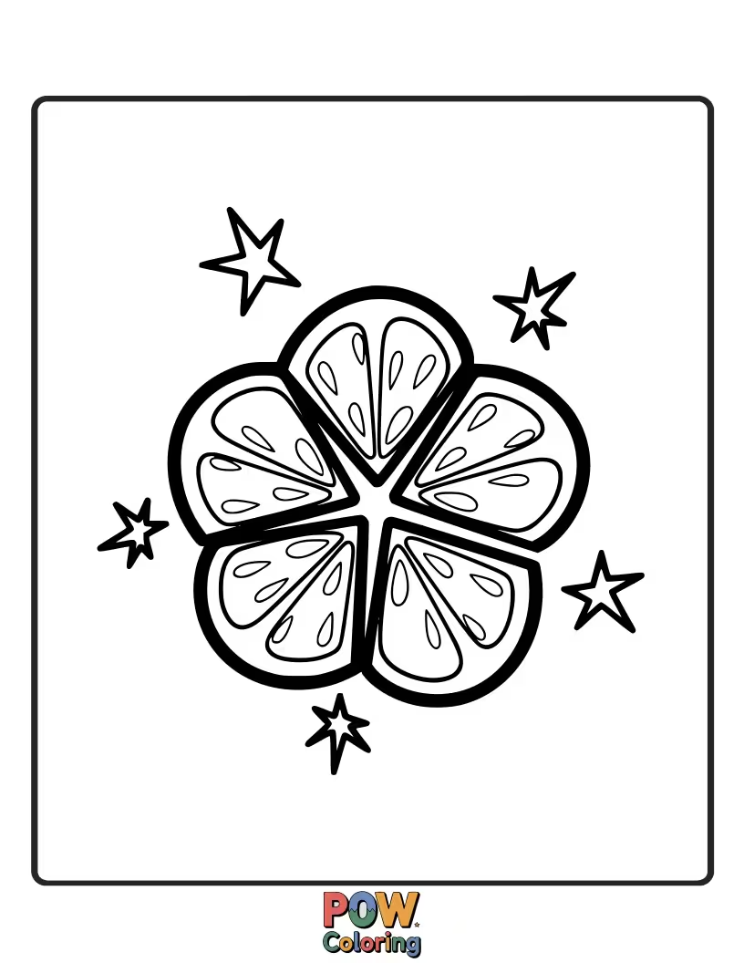 Free coloring page of A single, perfect lemon slice shaped like a shining star. Minimalist and celestial, inspiring wonder.