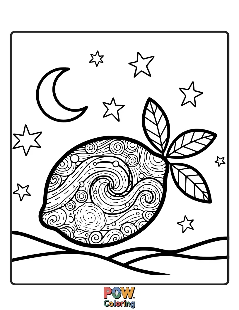 Free coloring page of A serene lemon gazing at a sky filled with stars and a crescent moon. Peaceful and dreamy.