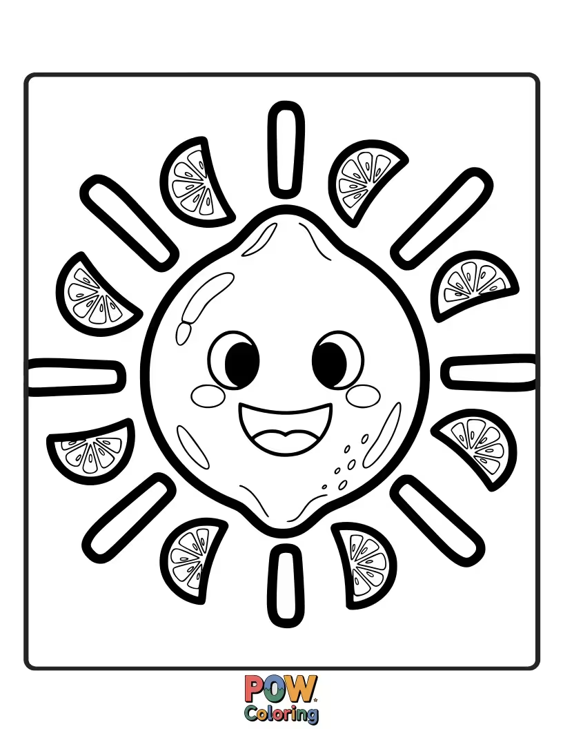 Free coloring page of A cheerful lemon enjoying a warm sunbeam, radiating happiness. Perfect for a bright and uplifting coloring experience.