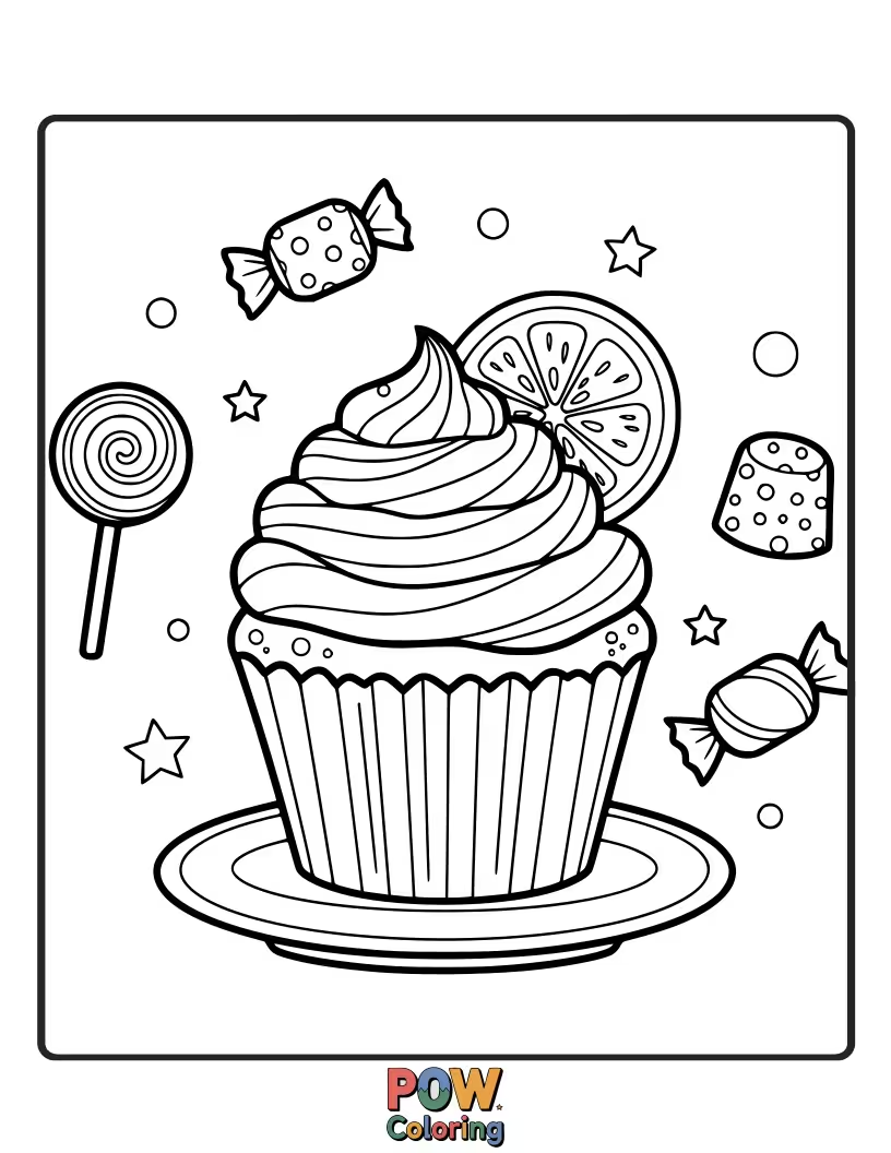 Free coloring page of A cheerful lemon adorned with sprinkles, like a delightful cupcake. A sugary and fun design.