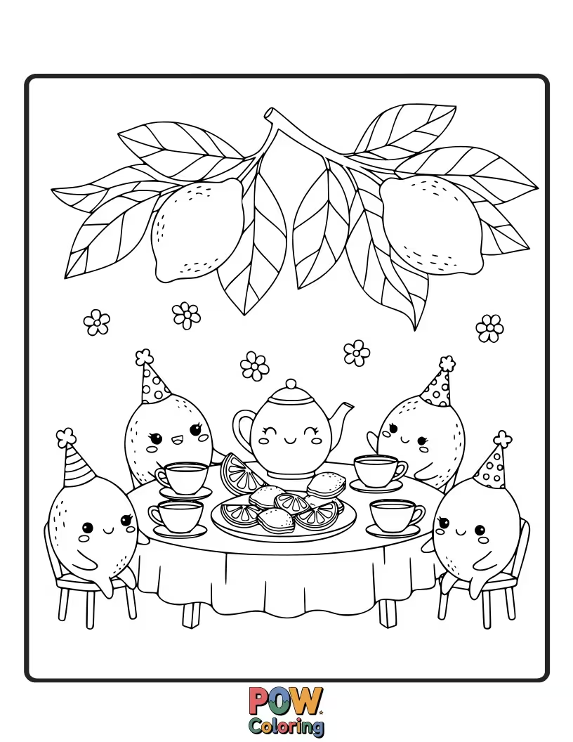 Free coloring page of A charming lemon hosting a miniature tea party with tiny cups. Elegant and whimsical, with a touch of charm.