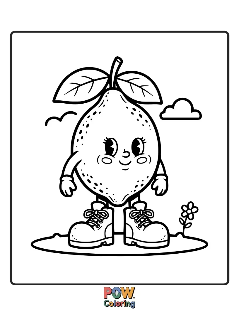 Free coloring page of A whimsical lemon sporting a pair of tiny, stylish boots. A quirky and humorous character to bring to life.