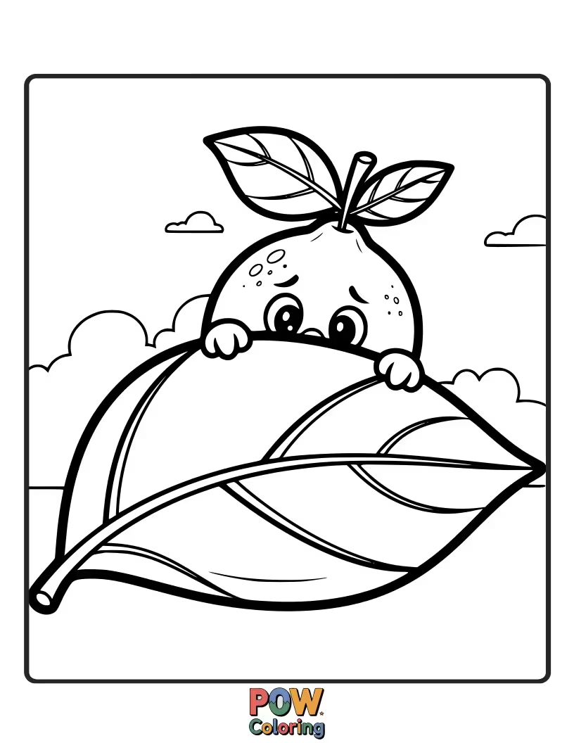 Free coloring page of A shy lemon peeking from behind a large, stylized leaf. Captures a sweet and endearing shyness.