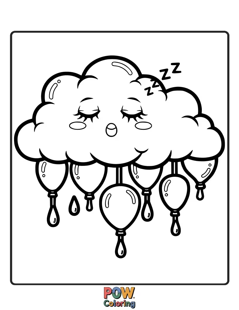 Free coloring page of A fluffy cloud shaped like a water balloon, gently raining tiny, happy water droplets.