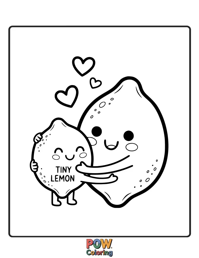 Free coloring page of Two small, adorable lemons sharing a sweet embrace. This design is about friendship and tenderness.