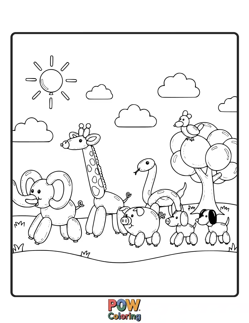 Free coloring page of Several water balloons cleverly shaped into cute animals like a dog, cat, and bunny.
